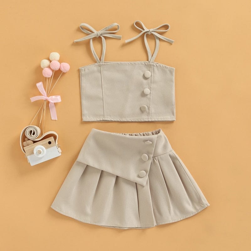 1-6Y Solid Strap Lace Up Vest Tops+High Waist Pleated Skirts