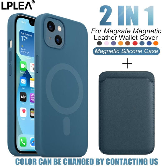 For Magsafe Magnetic Luxury Liquid Silicone Case For iPhone 13 12 11 Pro MAX Mini XR X XS 8 Plus SE 2 Card Holder Leather Wallet