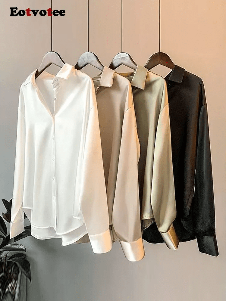 Eotvotee SATIN Long Sleeve Blouse Button Up Shirt Women Summer 2022 New Female Elegant  Ladies Tops Korean Fashion Office Lady