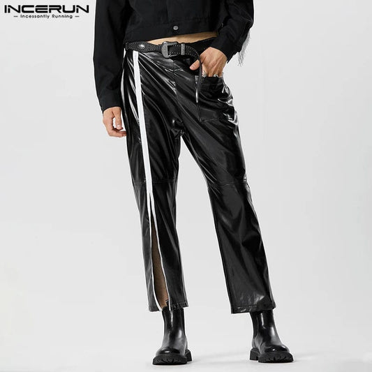 American Style New Men's Pants Fashion V-shaped Waistband Split Leather Trousers Casual Streetwear Pantalons S-5XL INCERUN 2024