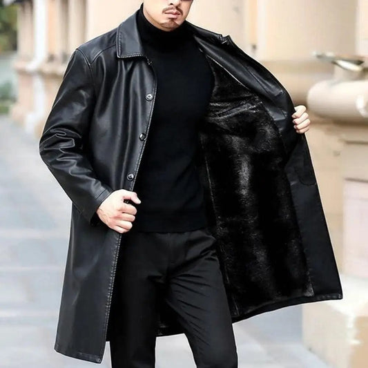 Men Autumn Winter Faux Leather Windbreaker Lapel Long Sleeve Pockets Single Breasted Fleece Lining Jacket Coat Loose Long Outwea