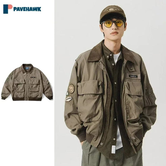 Japanese Cargo Baseball Jackets Man Autumn Retro Multi Pocket Pilot Jackets Woman Loose Thick Bomber Coats Unisex Lapel Outwear