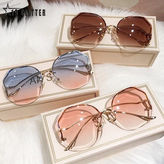 Irregular Round Sunglasses Women Brand Designer Gradient Fashion Sun Glasses Rimless Metal Curved Temples Oculus