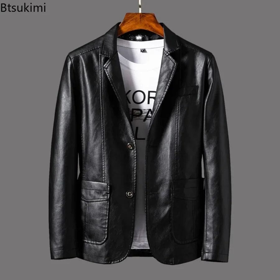 2024 Men's Leather Jackets Lapel Business Leather Jackets Men Pu Blazers Korean Style Slim Fashion Leather Coat Plus Size M-6XL