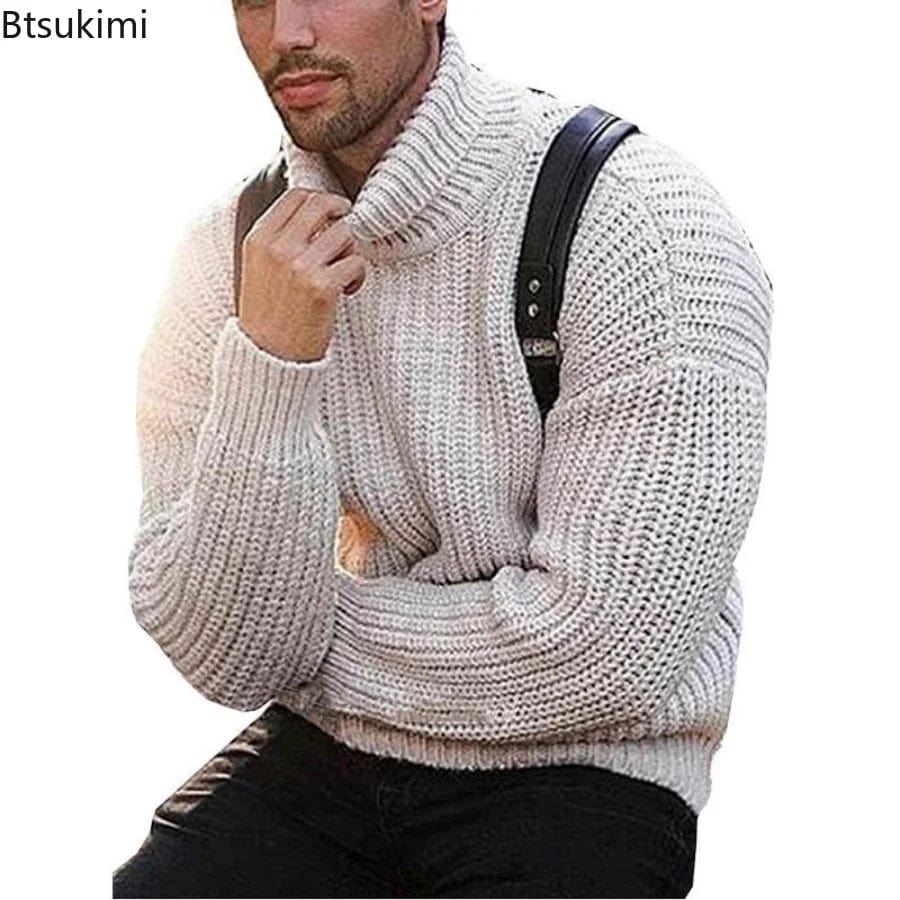 New Autumn Winter Men's Sweater Solid Knitted Turtleneck High Collar Solid Loose Men Knitted Sweater for Daily Wear Men Clothing