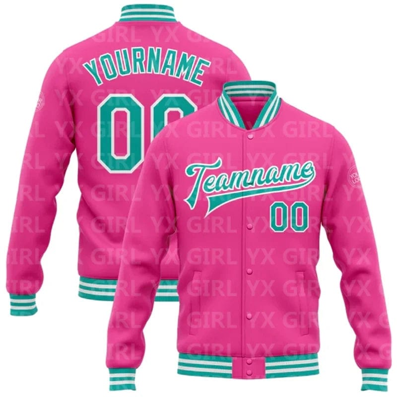 Custom Pink Gold-Green Bomber Full-Snap Varsity Letterman Jacket 3D Printed Baseball Button Jacket