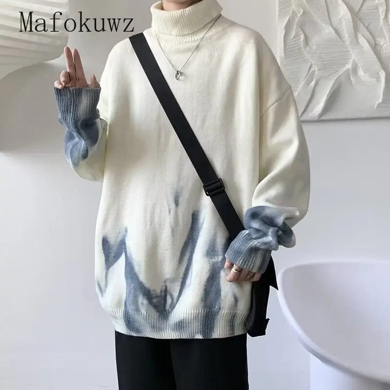 Autumn Winter Turtleneck Tie-dye Sweater Men's Loose Casual High Street Pullover Sweaters Men Knitted Tops Male Clothes
