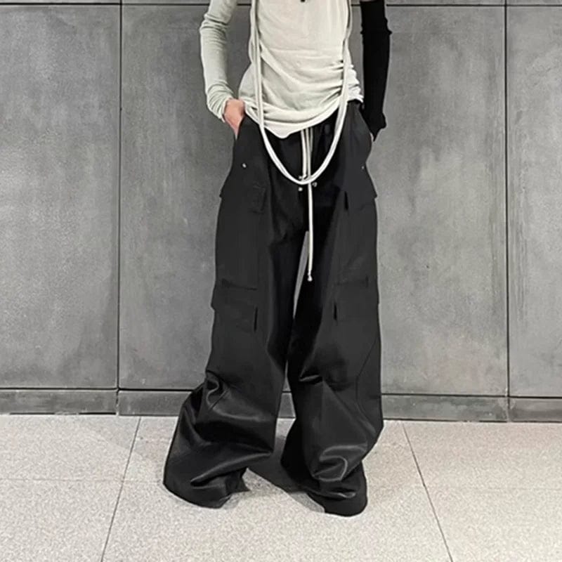 RO Style Matte PU Leather Pants for Men High Street Y2k Pantalones Hombre Baggy Overall Wide Leg Drawstring Cargo Pants