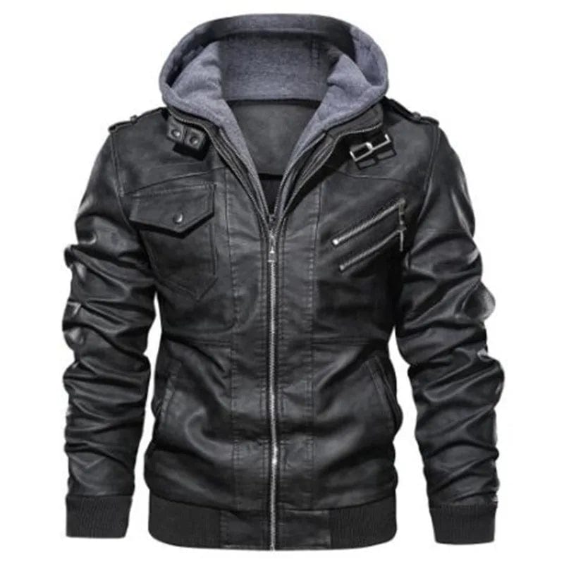 Men Hooded Leather Jackets Slim Casual Leather Coats New Fashion Male Street Wear Motorcycle Leather Jackets Hat Detachable 5XL