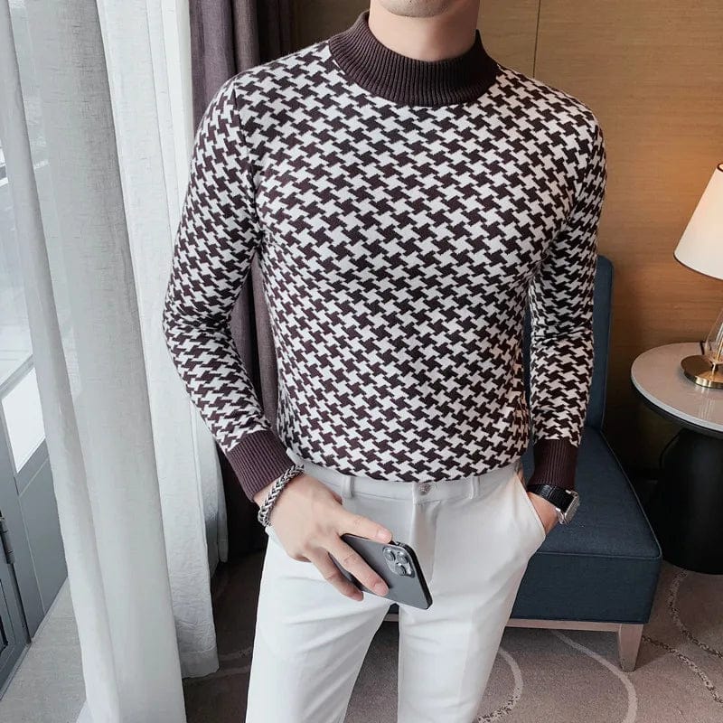 Houndstooth Men Half Turtleneck Sweater 2022 Autumn Winter Warm Casual Slim Fit Pullovers Homme Thickened Plaid Jacquard Sweater