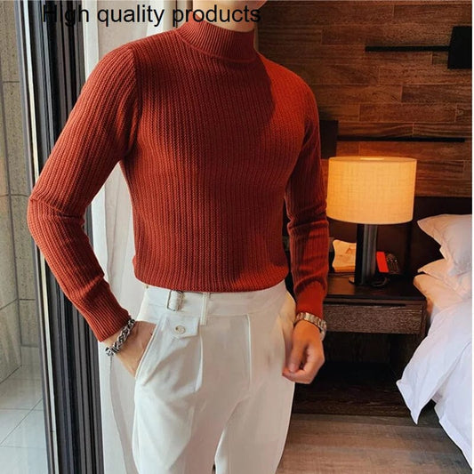 2024 Turtleneck Men Solid Colour Slim Elastic Thin Pullover Spring Autumn Knitting Brand Sweater S-3XL