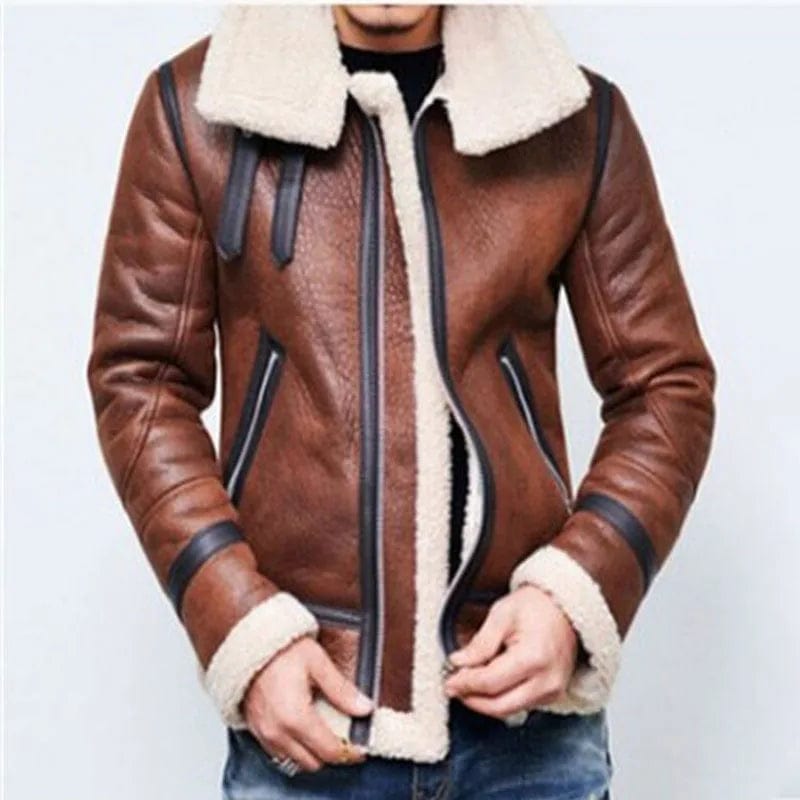 Fur Collar Leather Jacket Men Loose Comfortable Warm Fashion Thickened Stand Collar Fur Integrated Versatile Leather Jacket