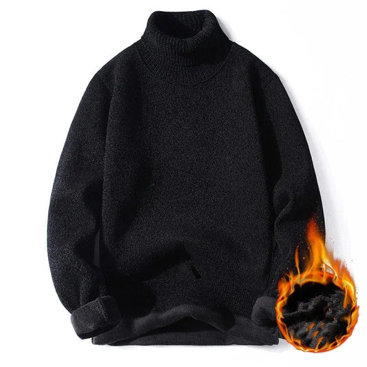 New Winter Fleece Pullovers Men Warm Turtleneck Sweaters Solid Color Knitted Pullover Casaul Knitwear Mens Black White Sweater
