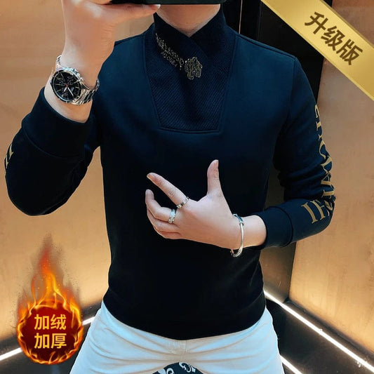 Luxury Turtleneck Winter Mens Clothing Warm Thick Man Jumper Velvet Plush Blouse Elastic Stand Collar Pullover Stretch Clothes