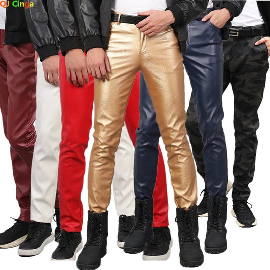 2023 New Men's Leather Pants Fashion Slim PU Trousers Red Blue Black Gray White Pantalones Hombre