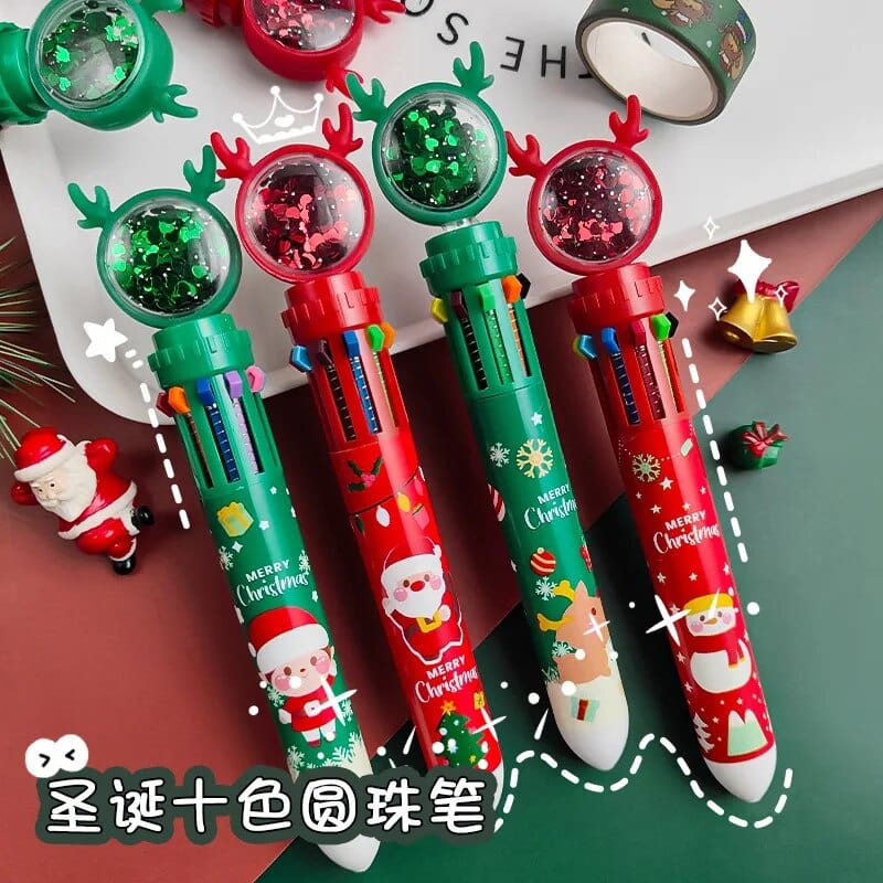 Stylo à bille de noël dix couleurs, joli stylo à bille à pression, cadeau de vacances pour enfant, décor de joyeux noël pour la maison, ornement de noël