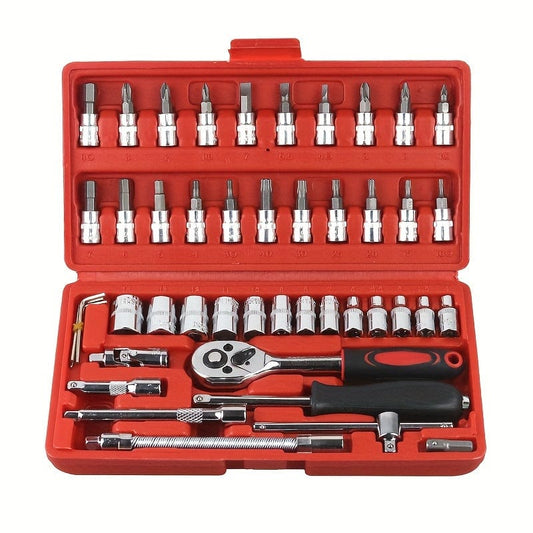 46pcs Car Repair Tool Kit: Ratchet Torque Wrench, Spanner, Screwdriver, Socket Set Combo - Perfect For Bicycle & Auto Repairing!