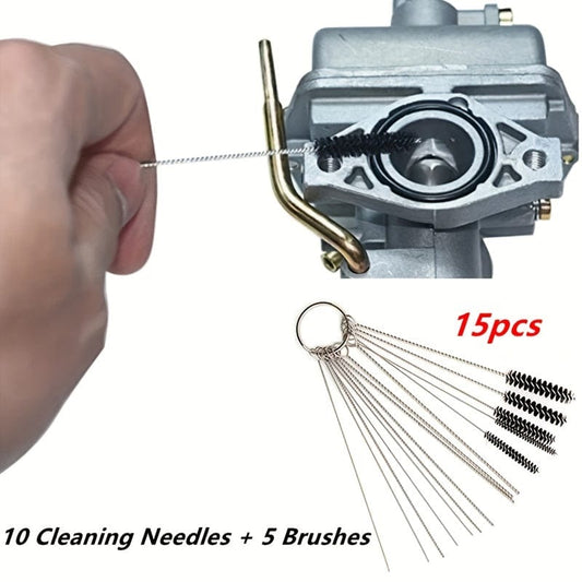 15pcs Carburetor Cleaning Brush Set - 10 Needles & 5 Brushes for Carbon Dirt Jet Cleaning