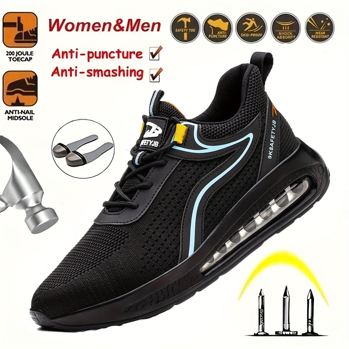 Plus Size Men's Protective Steel Toe Shoes With Air Cushion, Lace Up Comfy Sneakers, Perfect For Constructional Safety Workout Activities