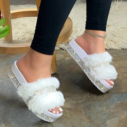 Luxury Fur Rhinestone Slippers for Women