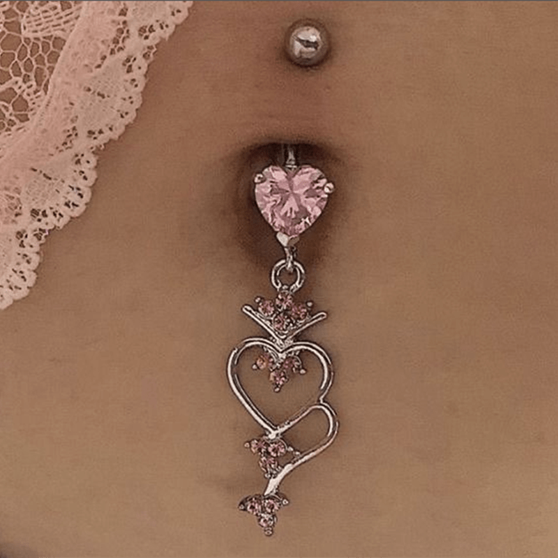 Y2K Pink Crystal Heart Navel Long Belly Button Ring