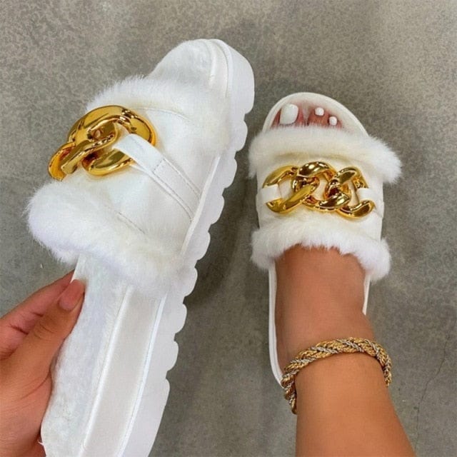 Luxury Fur Rhinestone Slippers for Women