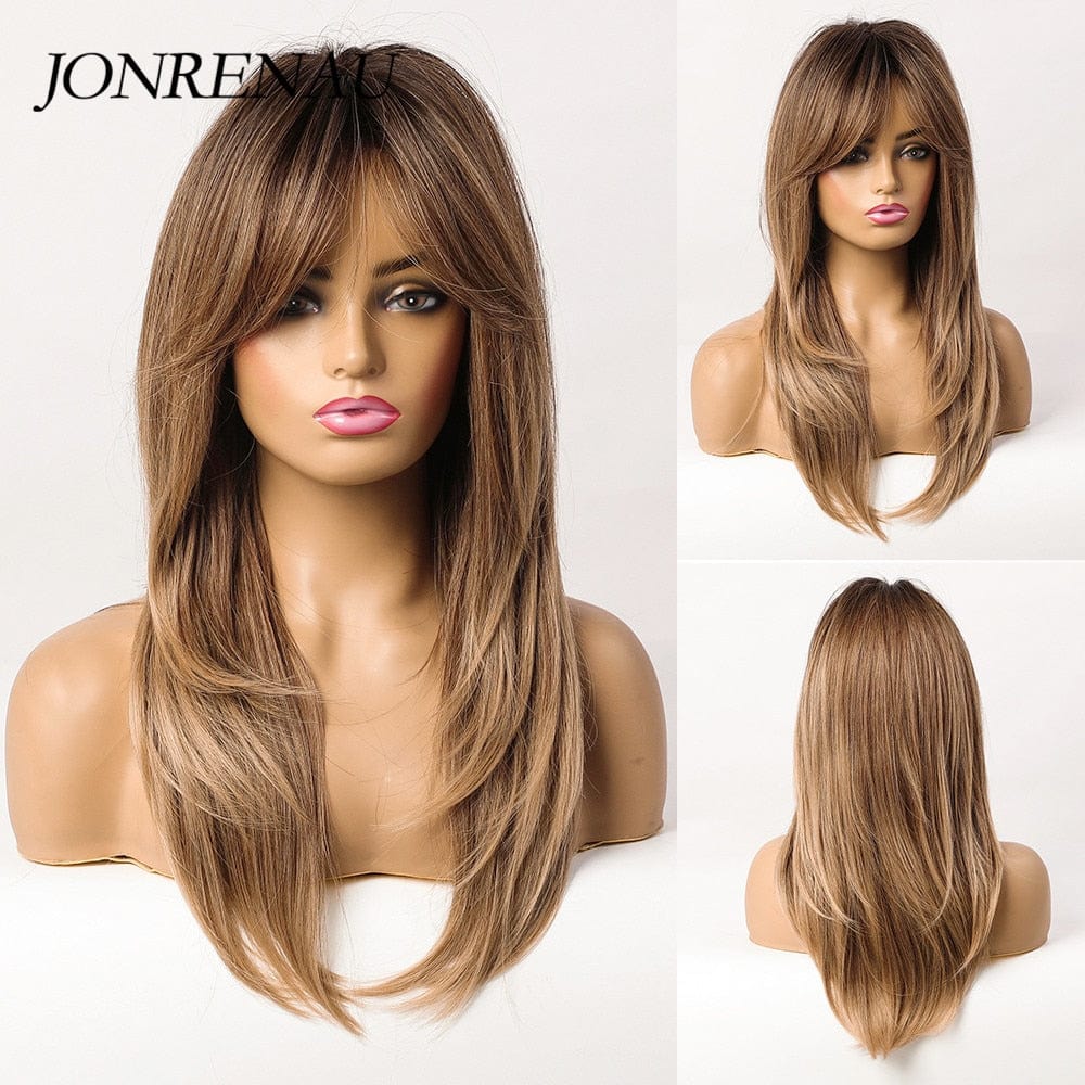 JONRENAU Long Wave Ombre Dark Black Brown Blonde Synthetic Wigs for Women Party Daily Use Cosplay Wig Natural Curly Hair